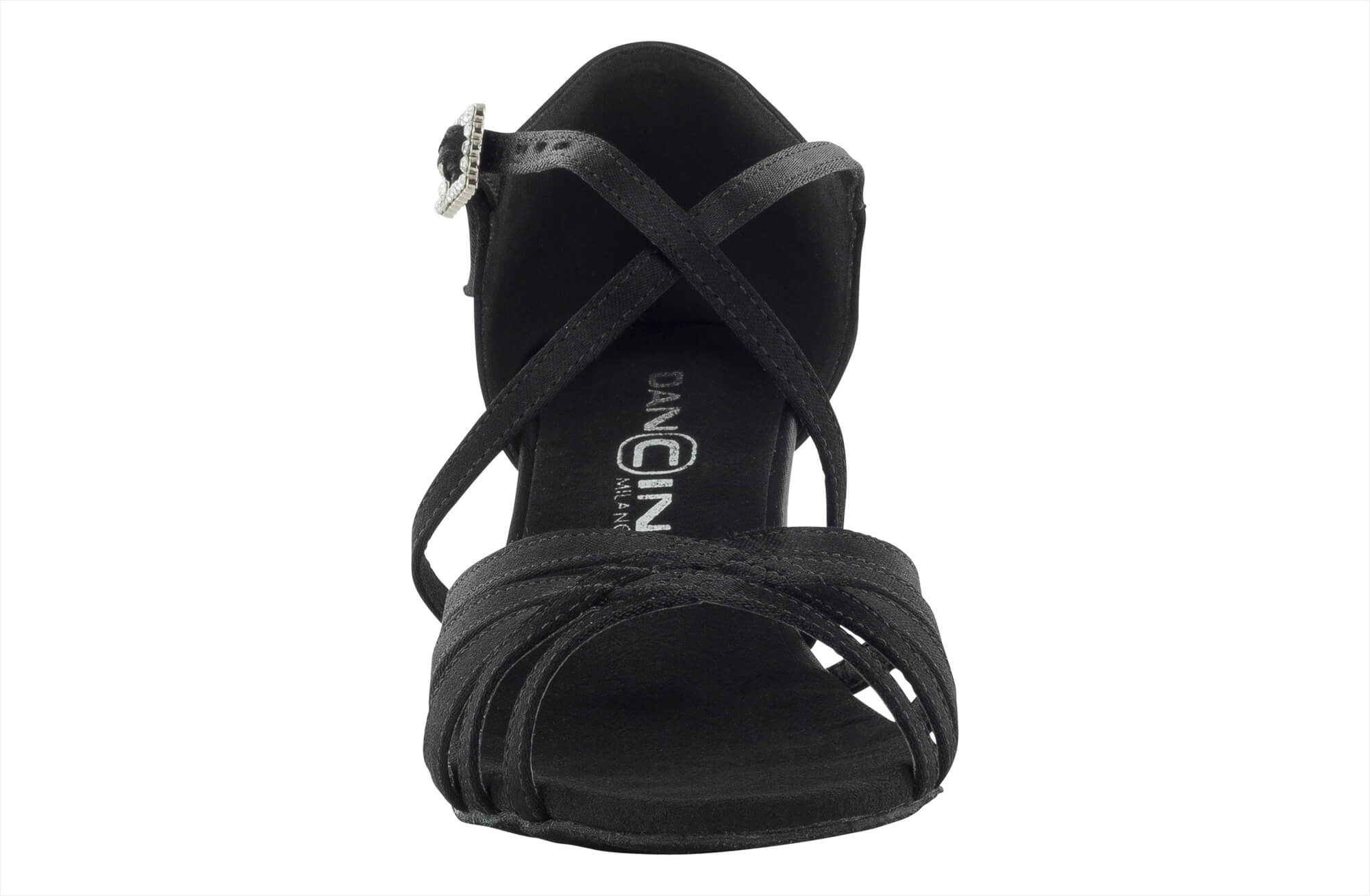 scarpa da ballo in raso nero con 5 fasce incrociate tacco 55 cm front