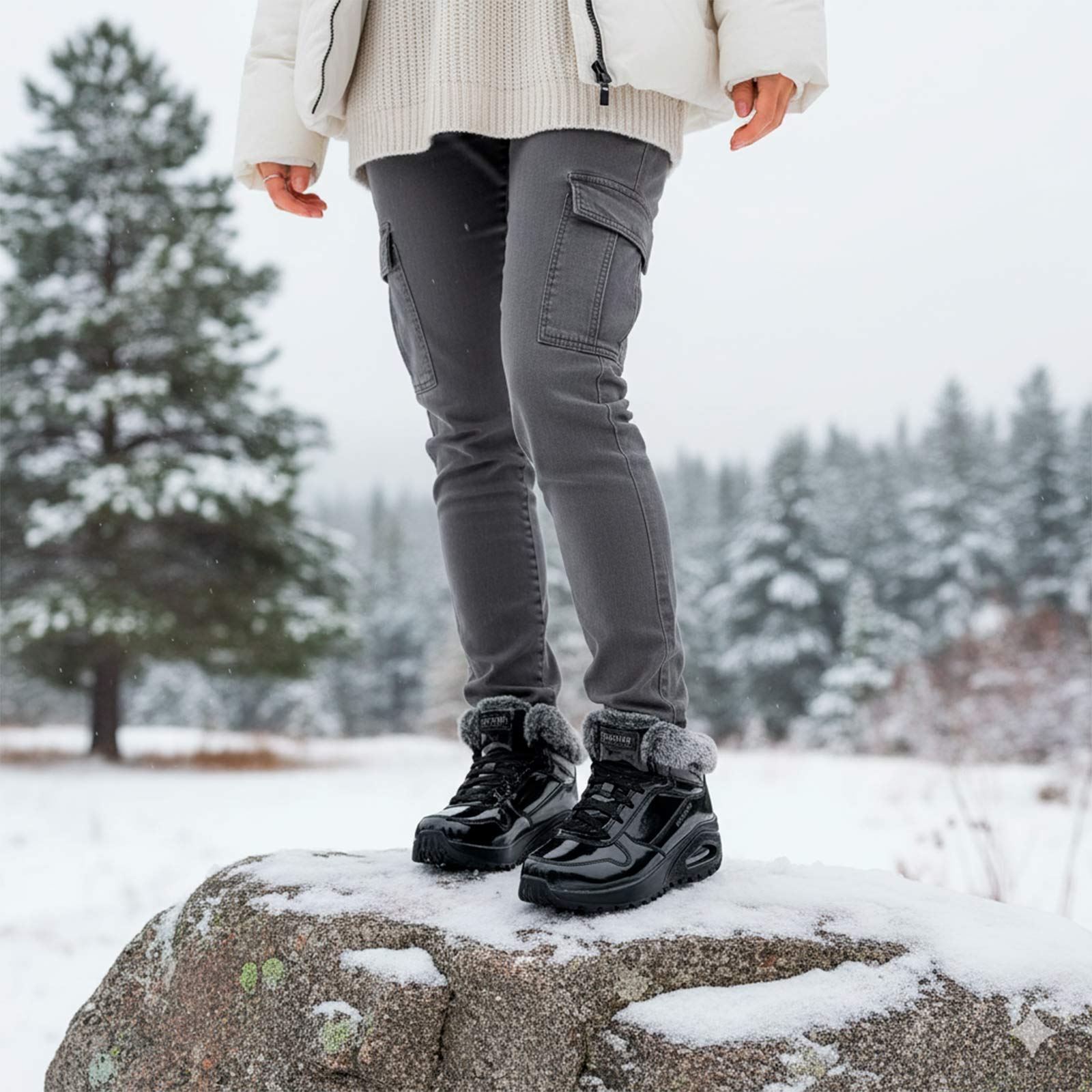 Botin Skechers en charol negro ideal para la nieve